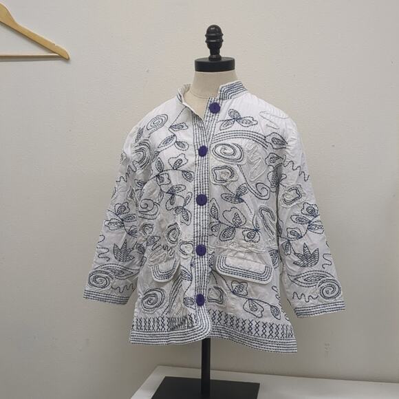 Norm Thompson embroidered blue and white button down jacket size XL - Picture 1 of 7